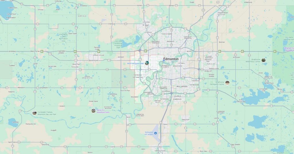 Detailed map of Edmonton showing streets, parks, and surrounding lakes in Alberta, Canada.