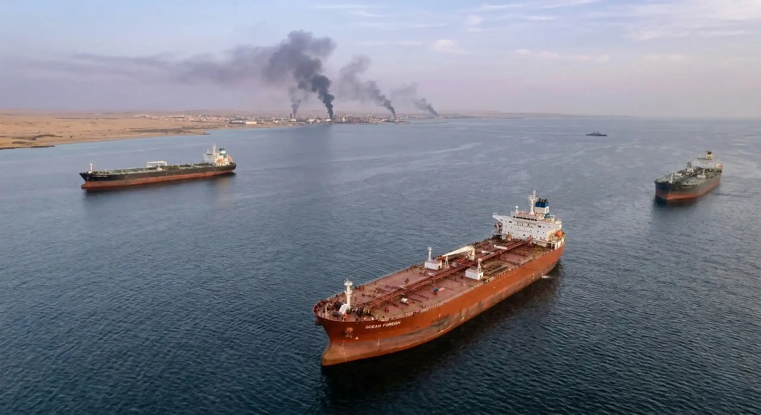 Des pétroliers bloqués dans le détroit d'Ormuz, illustrant les tensions géopolitiques qui impactent les prix de l'énergie en Europe.