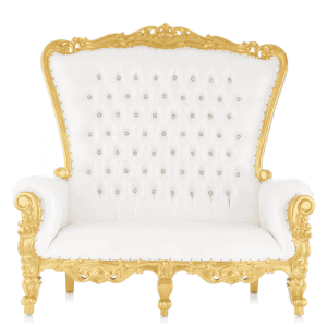 Elegant white and gold throne chair for weddings, parties, and special events. Luxurious seating ren.