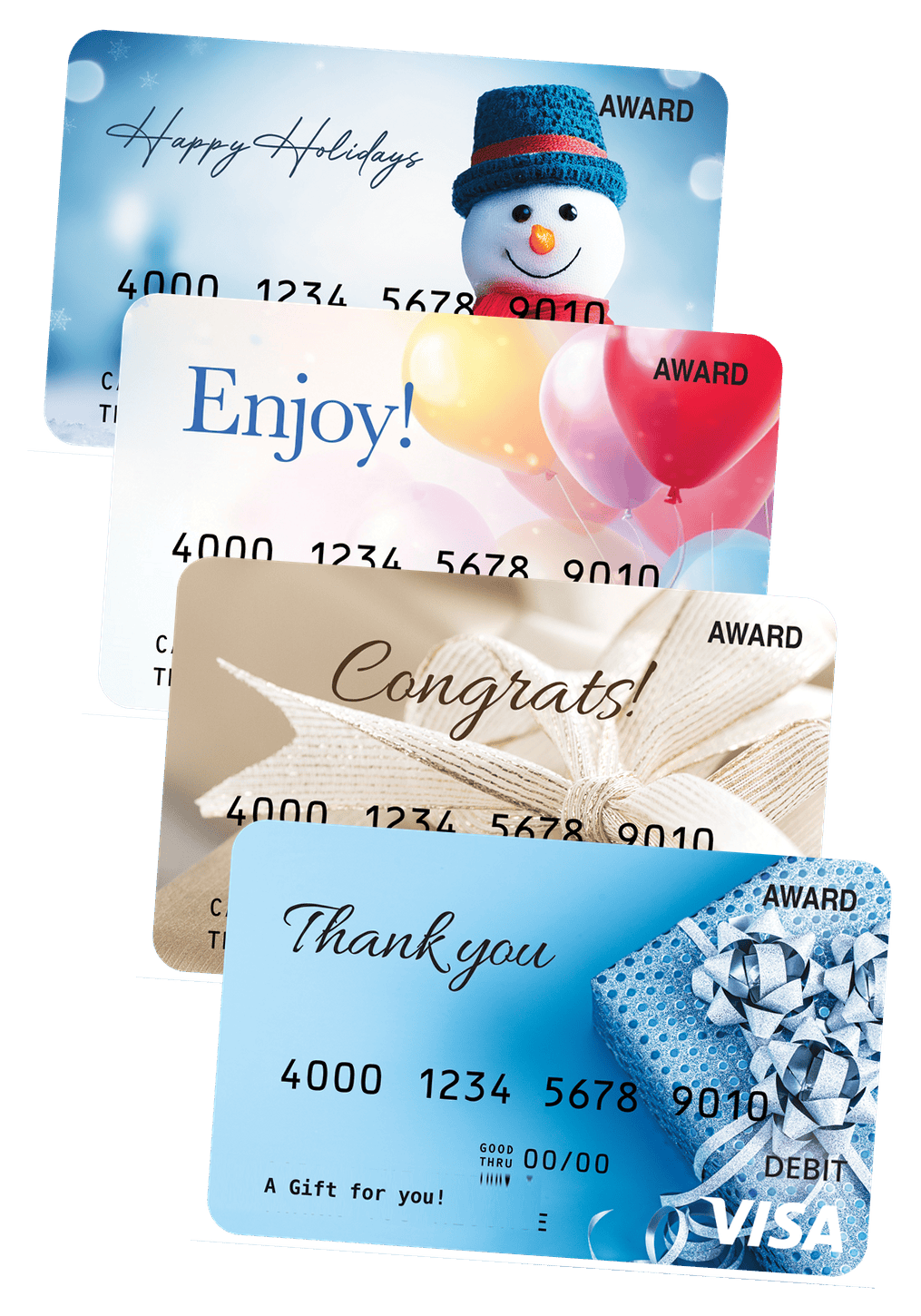 Happy Holidays, Enjoy, Congrats, and Thank You Visa Award cards