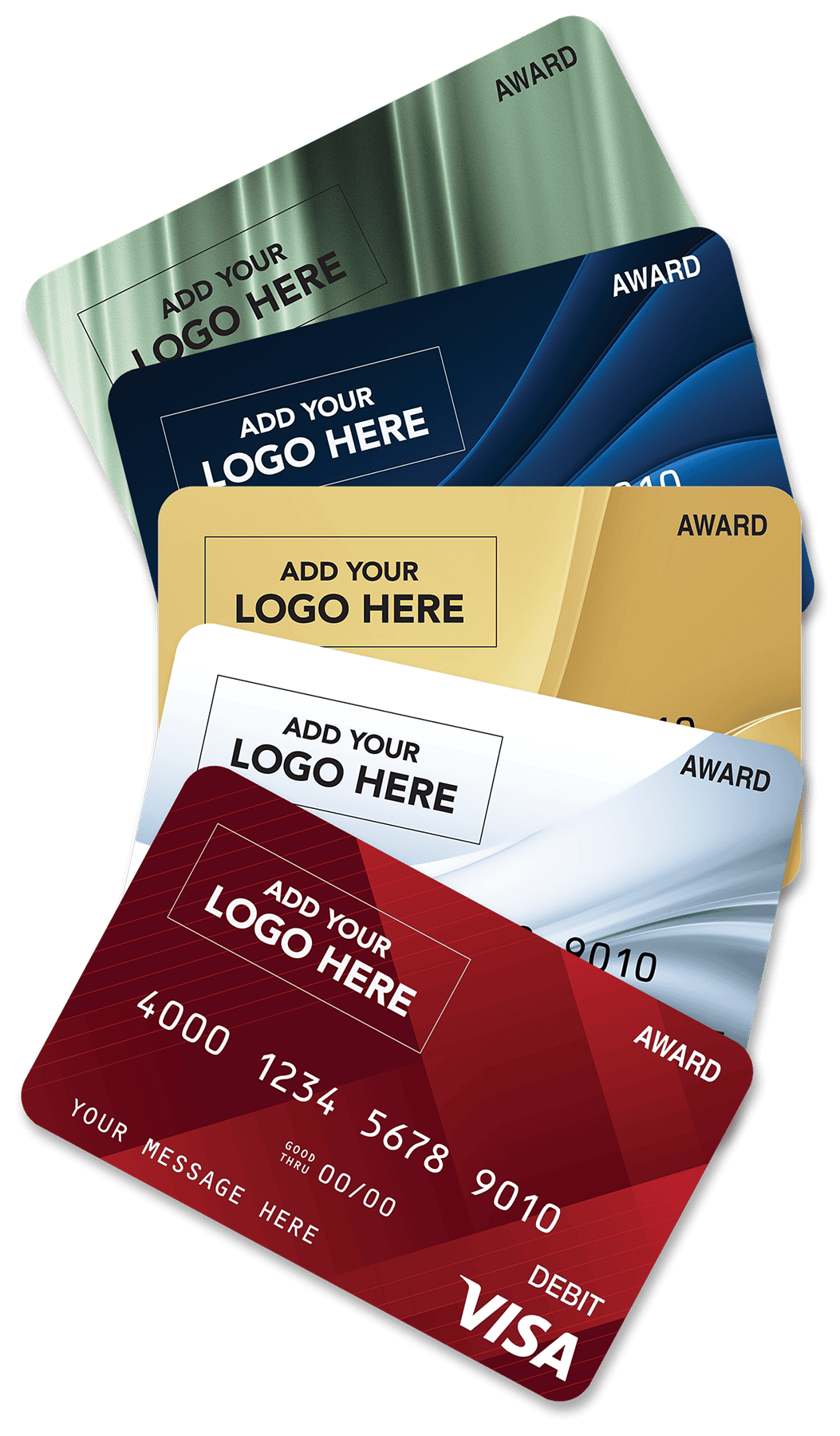 Happy Holidays, Enjoy, Congrats, and Thank You Visa Award cards