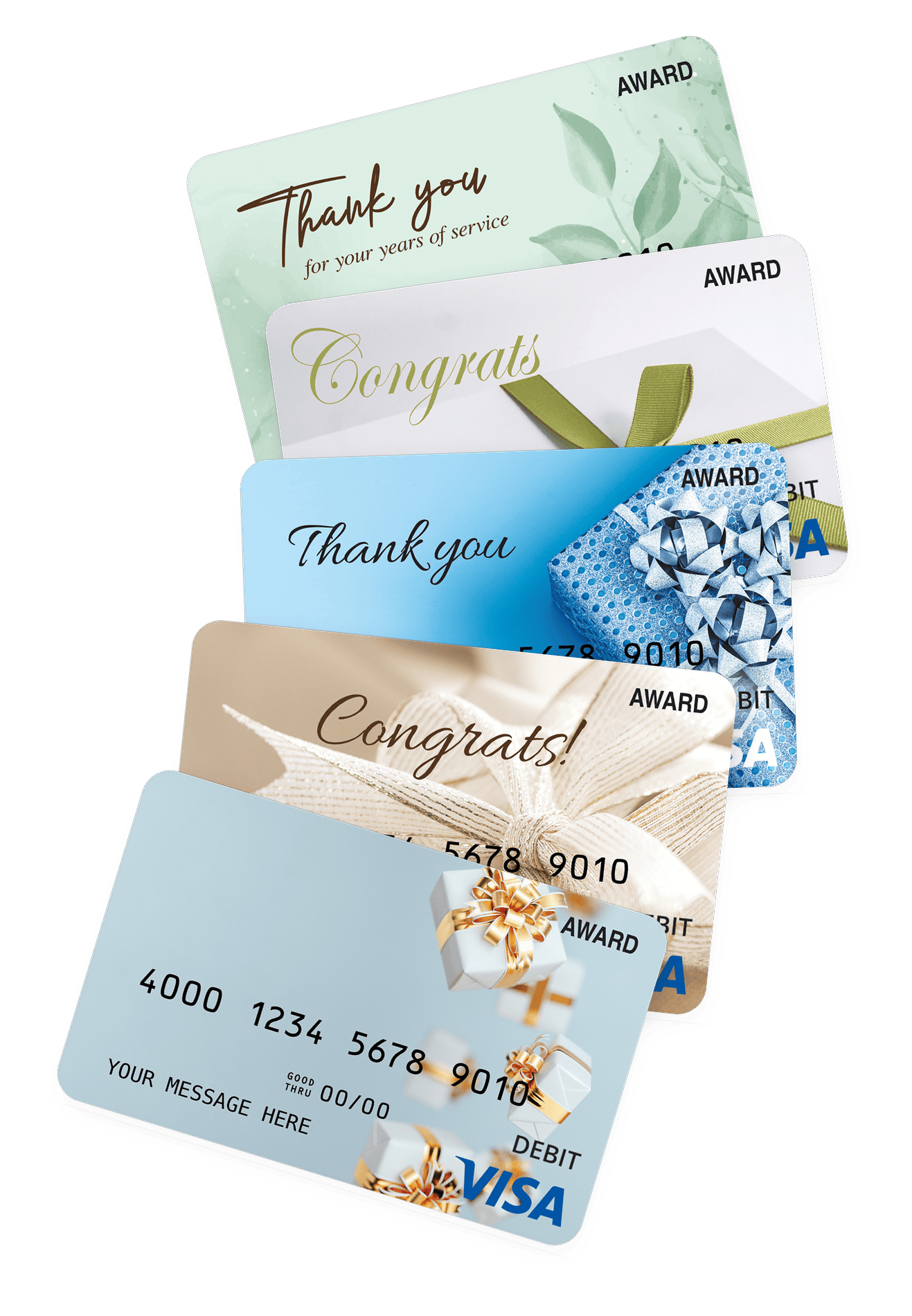Fanned selection of Visa Award debit cards — Azure Flow, Blue Momentum, Golden Excellence, Executive Black, and Executive Red designs