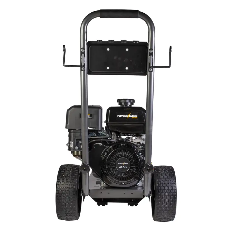 A commercial pressure washer on wheels on a white background.