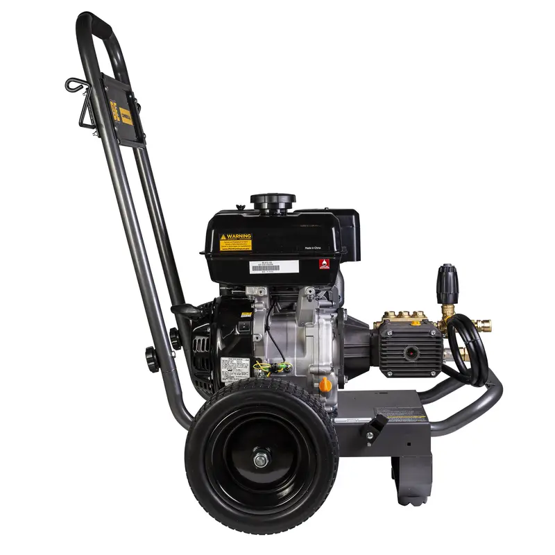 A pressure washer with wheels and a white background.