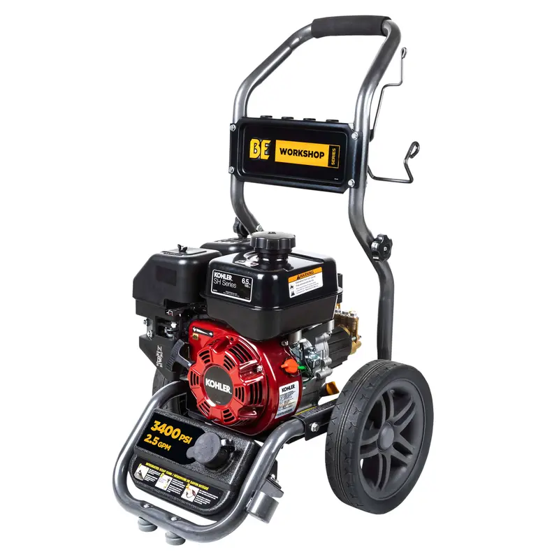 A pressure washer with wheels on a white background, ideal for commercial use.