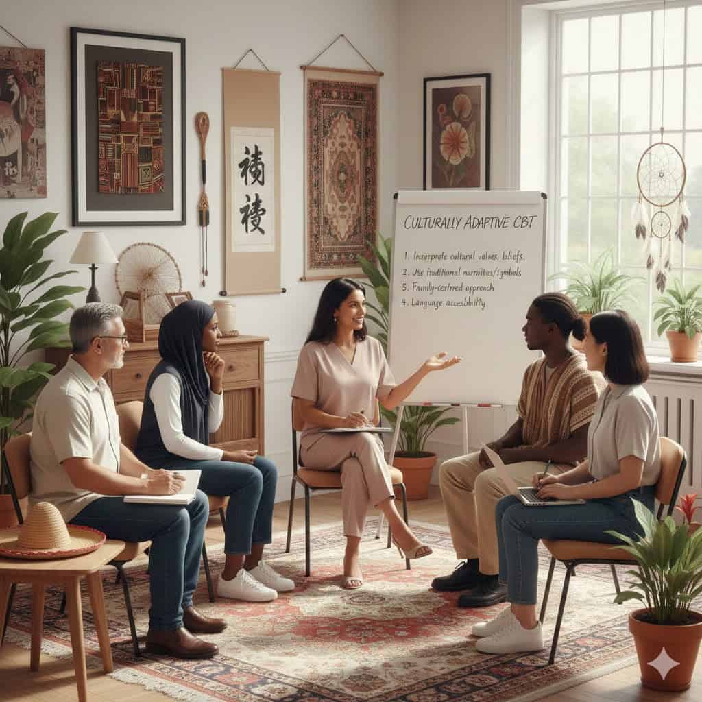 Empathetic therapist leading a culturally adaptive CBT group therapy session in a cozy, welcoming therapy room.