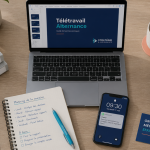bureau alternance télétravail ordinateur carnet smartphone