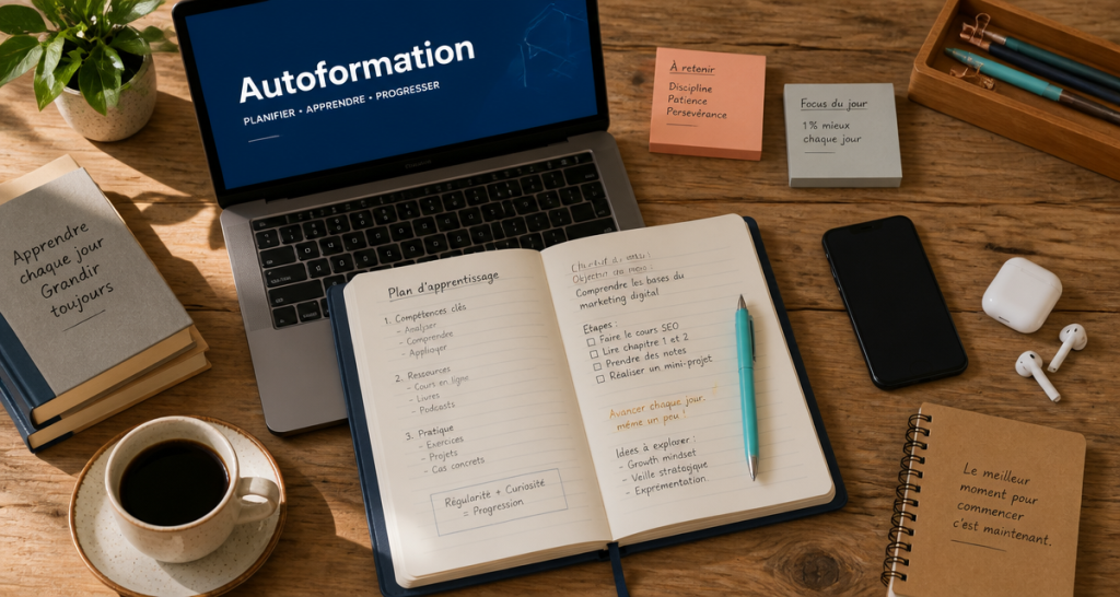 Bureau organisé autoformation carnet ordinateur