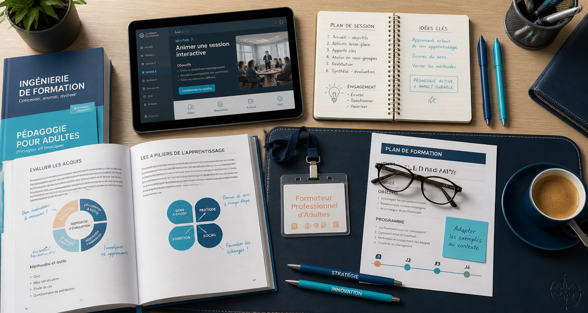 Bureau formation formateur adulte avec manuels et e-learning