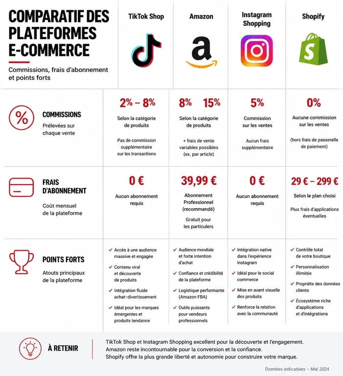 Comparatif des plateformes e-commerce TikTok Shop, Amazon, Instagram et Shopify