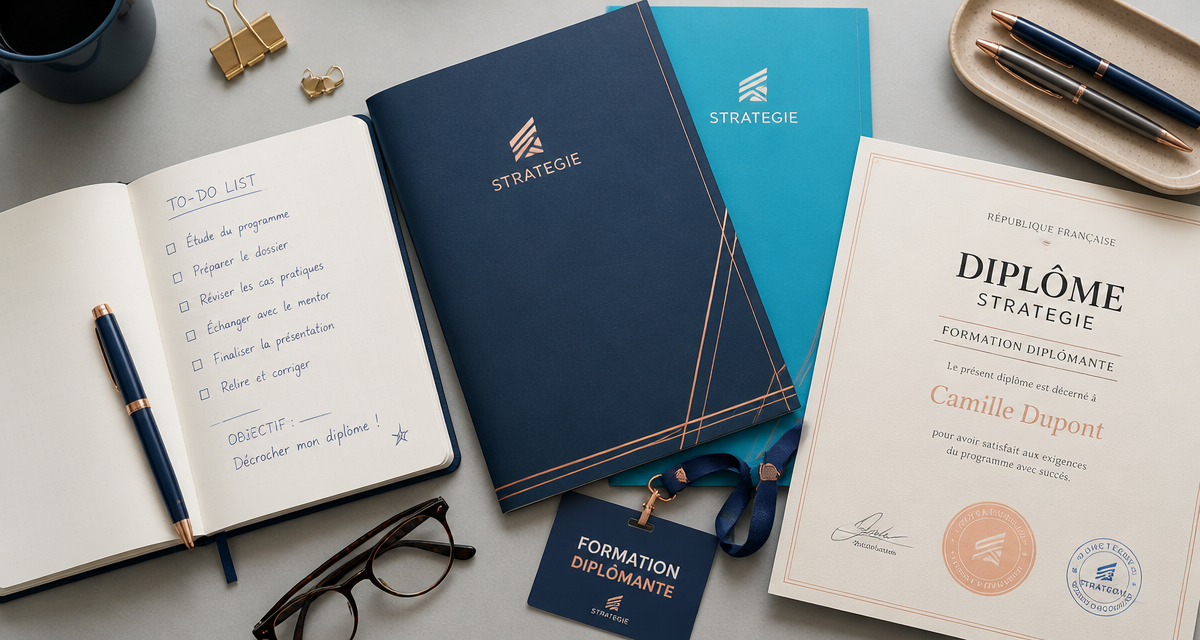 bureau avec dossier et badge formation diplomante