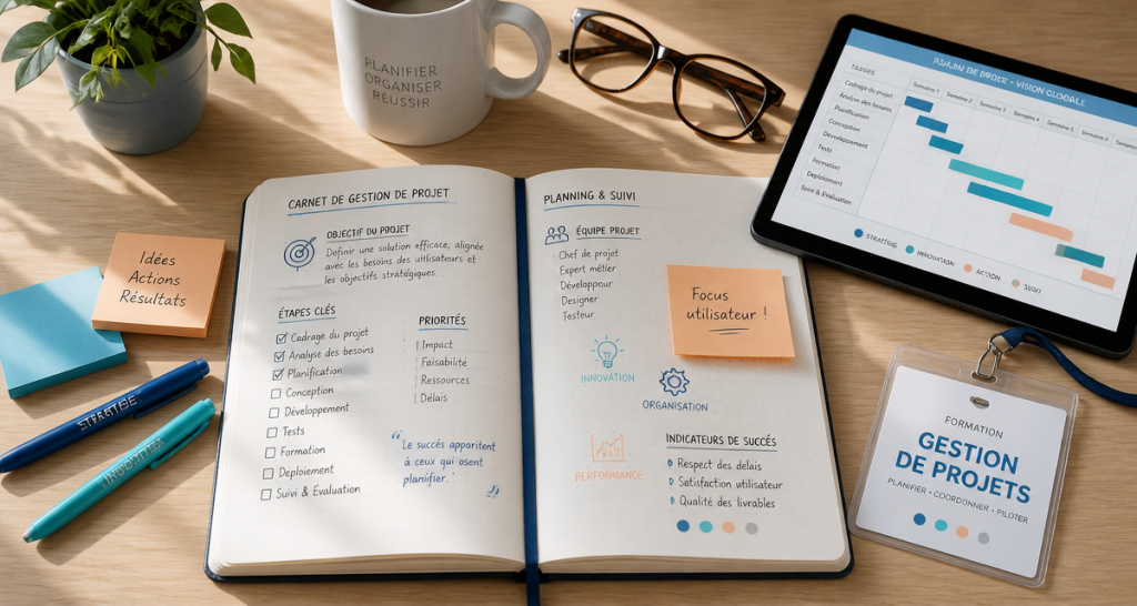 Bureau organisé avec outils pour formation gestion de projets