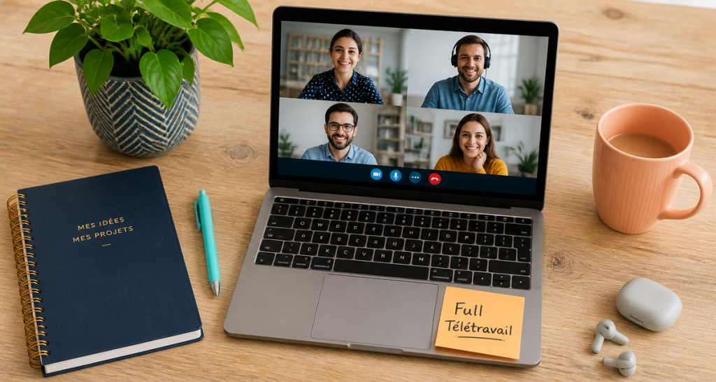 Bureau full télétravail avec ordinateur et carnet