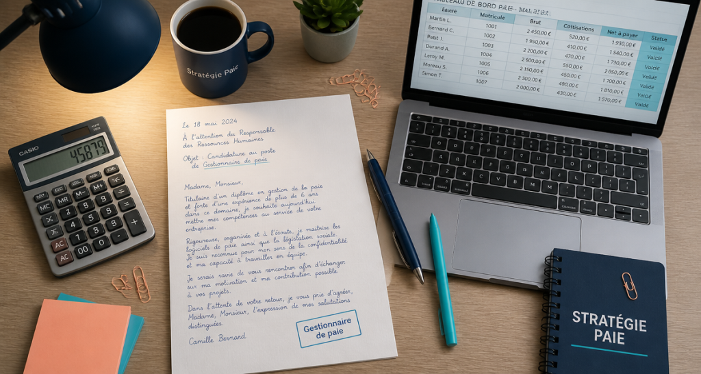 Lettre de motivation gestionnaire de paie sur bureau avec calculatrice et ordinateur