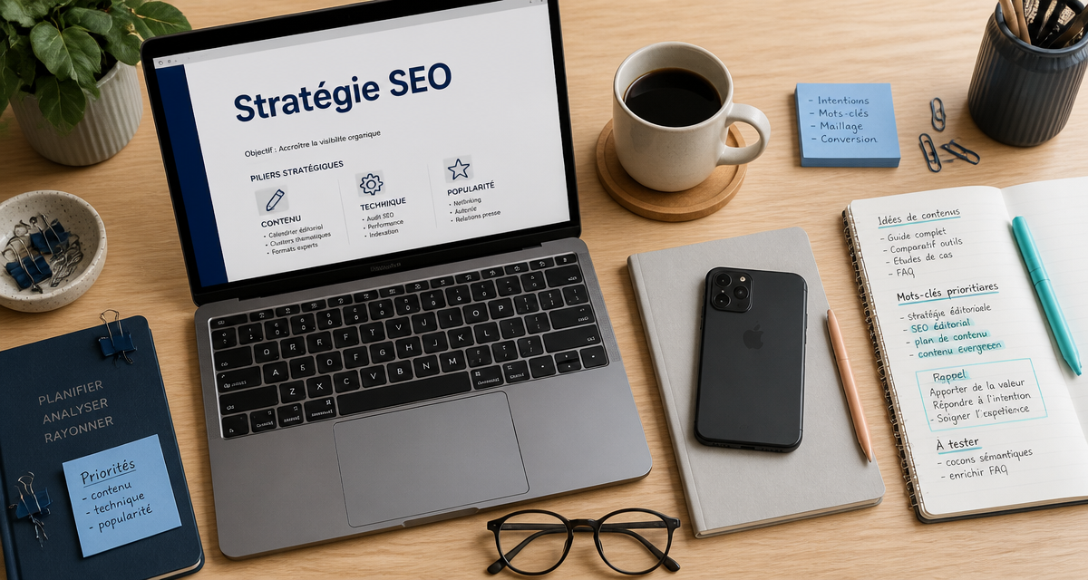 bureau de rédacteur web seo freelance avec ordinateur et carnet
