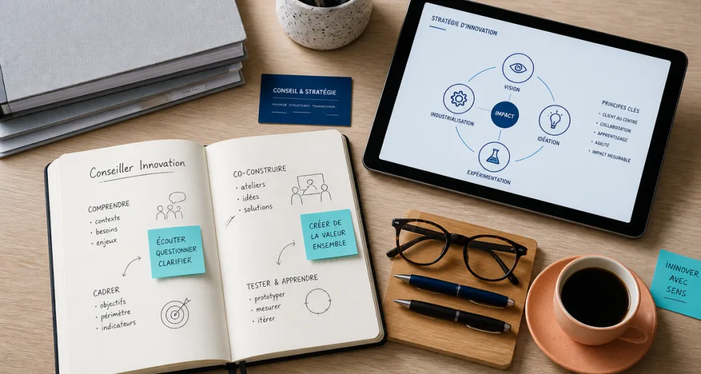 Bureau de conseiller en innovation avec carnet, tablette et post-its