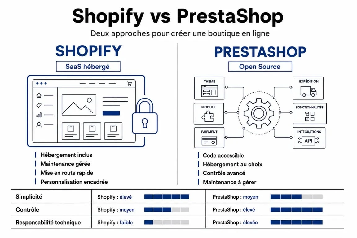 Infographie comparative PrestaShop vs Shopify : choisir entre SaaS et Open Source pour son site e-commerce
