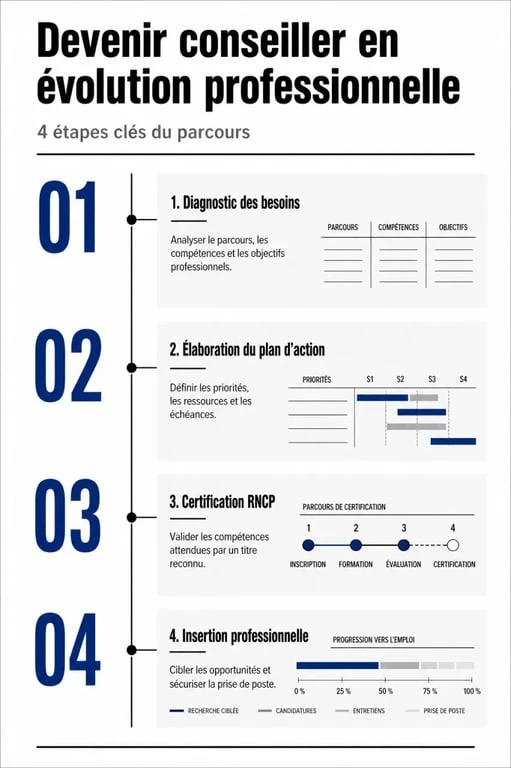 Infographie des étapes de la formation conseiller en évolution professionnelle