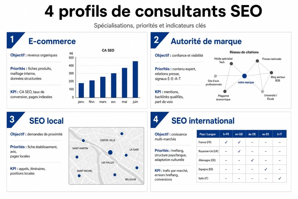 Infographie des spécialisations d'un consultant SEO pour choisir le meilleur expert selon vos besoins
