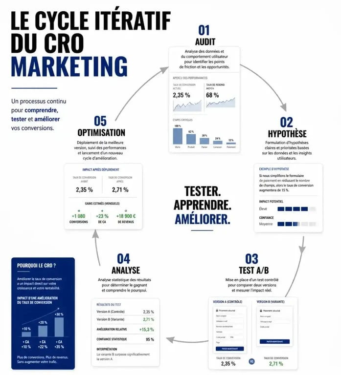 Cycle itératif du CRO marketing pour l'optimisation du taux de conversion