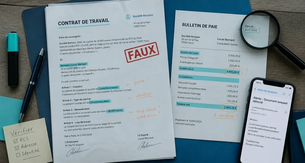 faux contrat de travail sur bureau avec loupe et tampon rouge