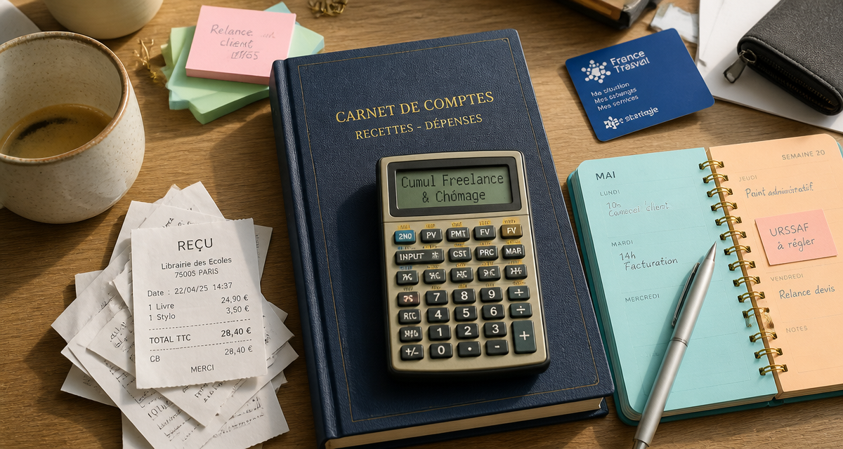 bureau freelance et chomage avec carnet et calculatrice
