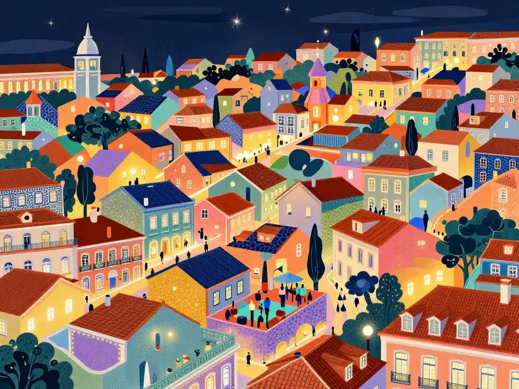 carte stylisée des quartiers bar lisbonne de nuit