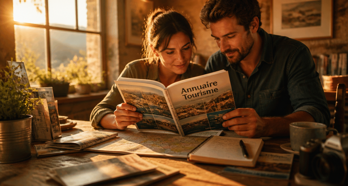 Couple consultant annuaire tourisme sur table