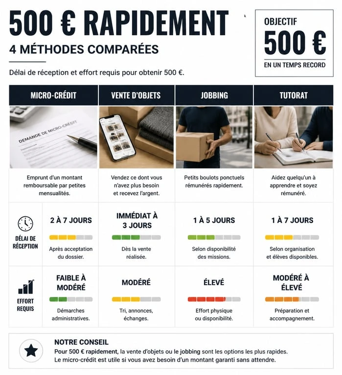 Infographie comparative des méthodes pour gagner 500 euros rapidement
