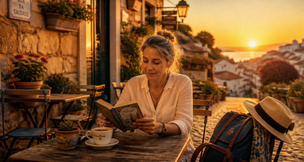 voyager seule femme 50 ans terrasse Portugal
