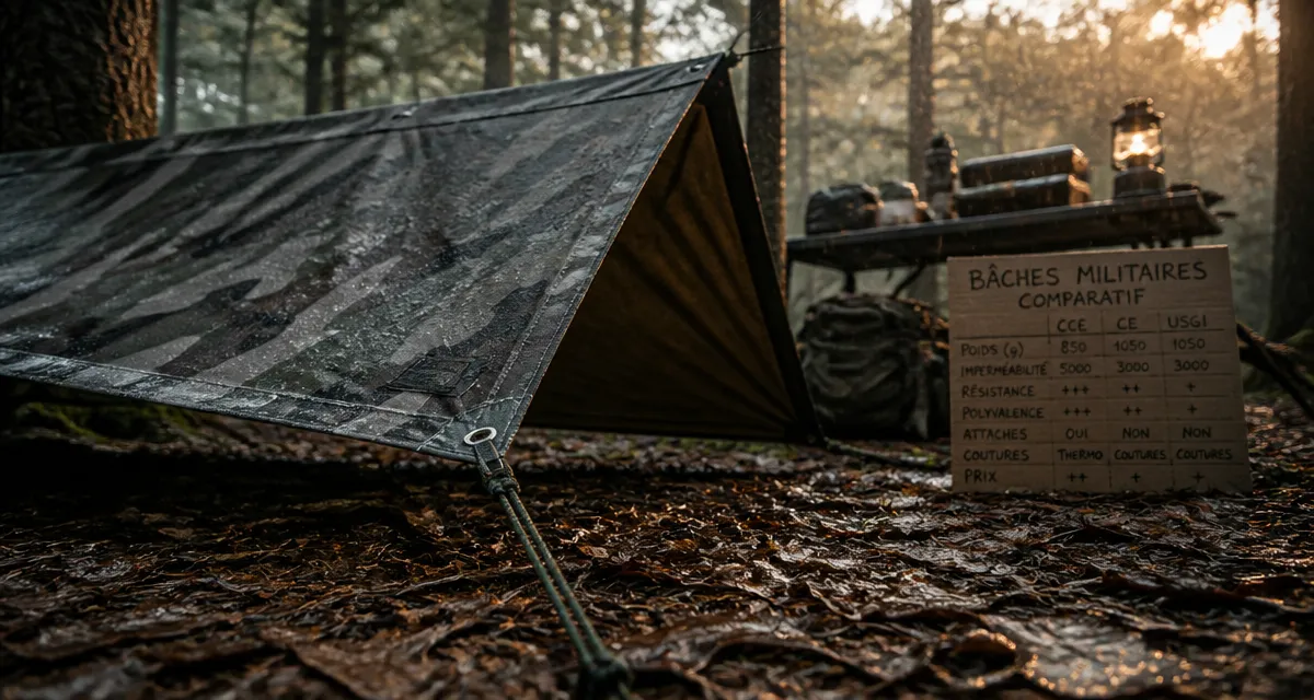 Bache militaire tendue pour bivouac sec et indétectable en forêt