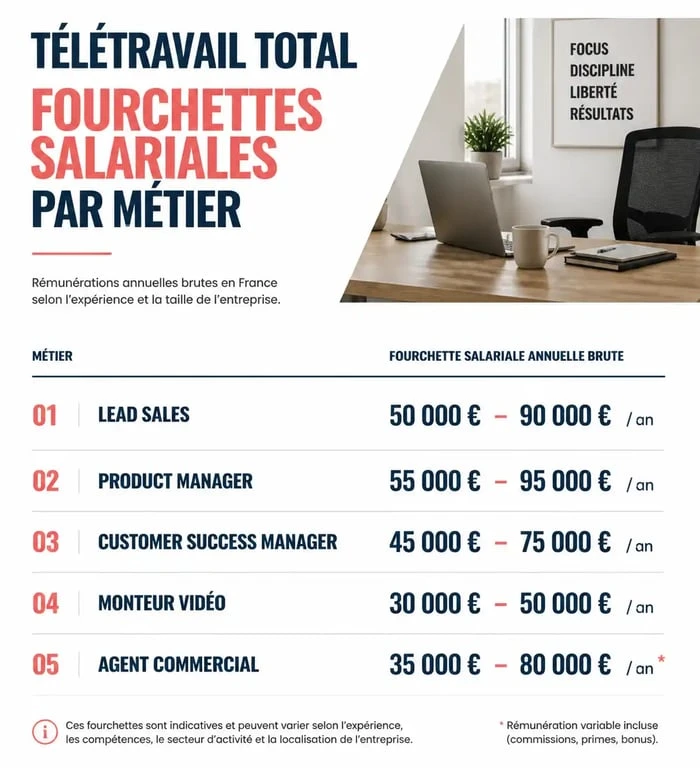Infographie des salaires pour les métiers en télétravail total et je remote