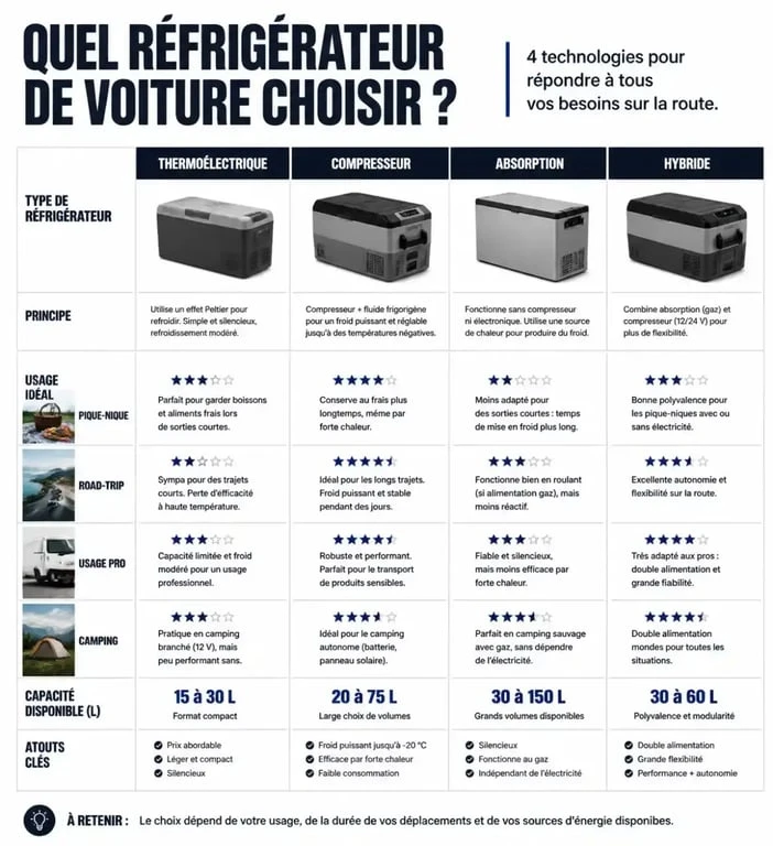 Infographie comparative des types de frigo pour voiture selon l'usage et la capacité