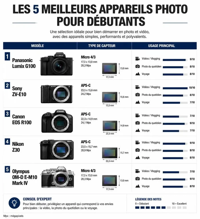 Tableau comparatif des meilleurs appareils photo pas cher pour débuter en photographie