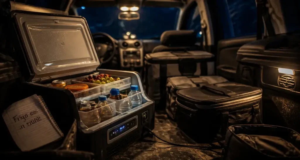 Frigo pour la voiture : glacière 12V ouverte, aliments froids et câblage vers la prise