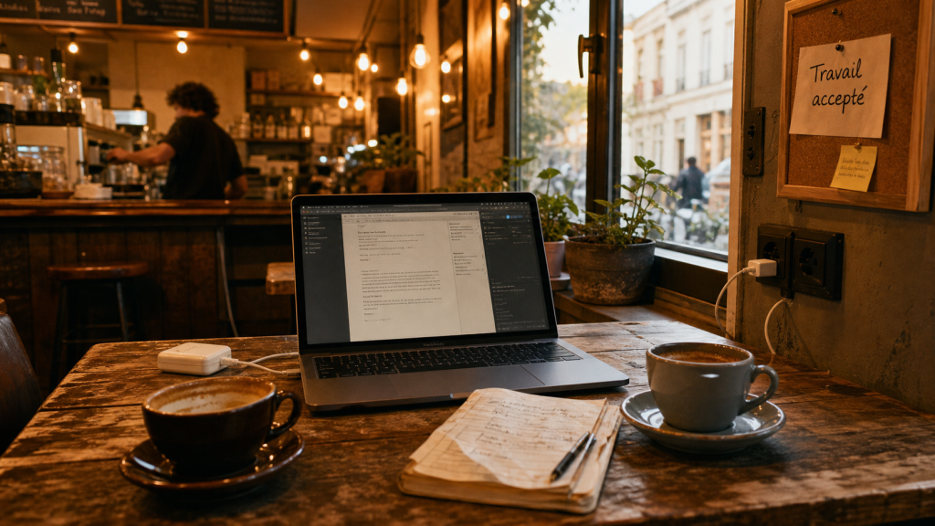 Travailler dans un cafe avec portable et tasses, sans gêner le service