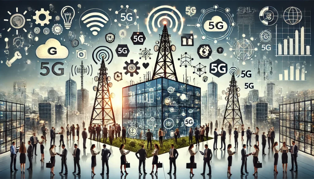 An office setting bustling with activity, where employees interact with a digital dashboard displaying clear customer insights related to sentiment analysis. Visual elements like signal towers, smartphones, and 5G icons represent telecommunications. The scene highlights a partnership between a TelecomCo representative and data scientists, symbolizing teamwork. A transformation from chaotic, scattered feedback icons to organized, clustered insights is shown, emphasizing efficiency and improvement with icons for time savings and increased customer satisfaction. Keywords: sentiment, telecommunications, customer insights.