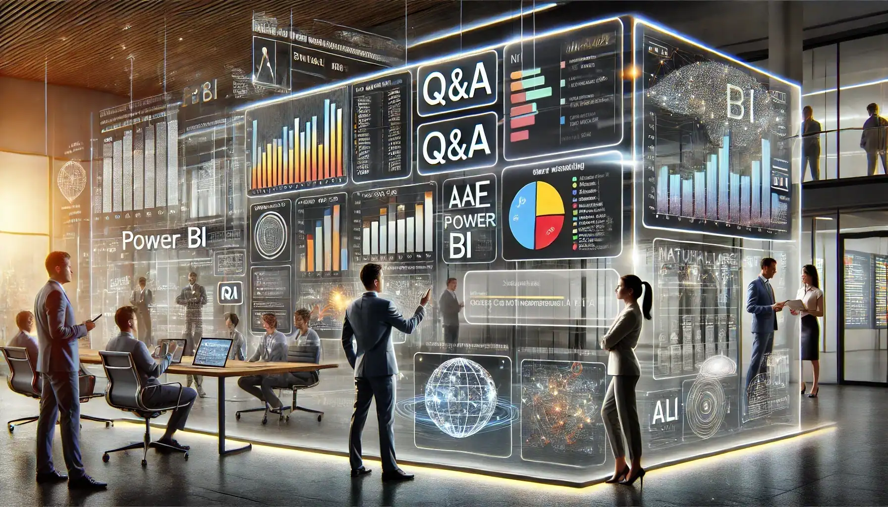 A modern office setting with people interacting with large digital screens displaying complex data visualizations. One screen prominently showcases a Power BI dashboard with Q&A and Smart Narrative visuals, highlighting bar and pie charts. Another screen shows a Natural Language Processing (NLP) interface where a user is typing a query. The atmosphere is dynamic, innovative, and tech-driven, emphasizing advanced analytics and data-driven decision-making with AI elements like voice assistants and AI-powered insights.