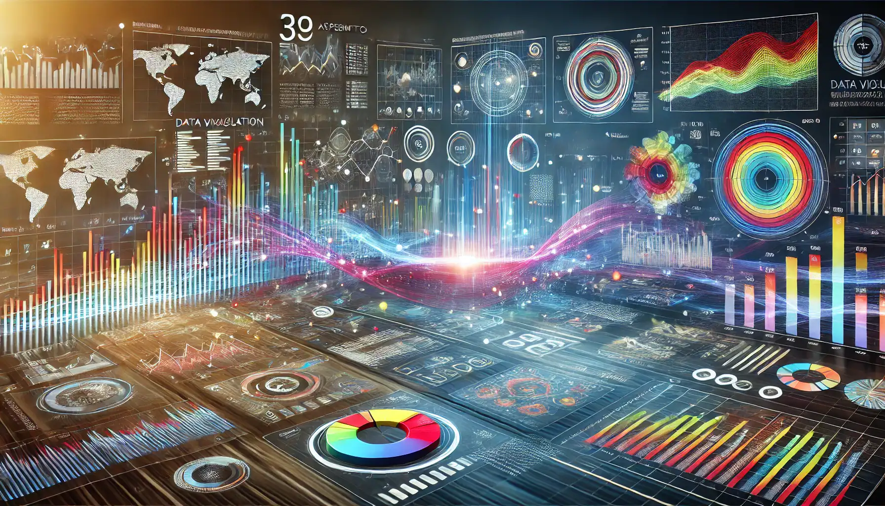 A sleek digital dashboard with colorful Data Visualization charts such as bar graphs, pie charts, and heat maps. The image includes abstract flowing data elements in the background, representing the conversion of raw data into meaningful visuals. The design is clean and engaging, highlighting the importance of clear and precise Data Visualization.