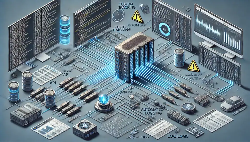 Custom Logging System for Plumber API and Shiny Applications A futuristic dashboard showing a central server connected to multiple API endpoints. Lines representing data flow between endpoints show user actions and responses, with real-time monitoring screens and storage for log files. On the left, warning icons indicate error tracking, while on the right, a clock symbolizes automated log management. The background has code snippets and data logs, creating a technical, blue-toned atmosphere that reflects system performance monitoring and troubleshooting.