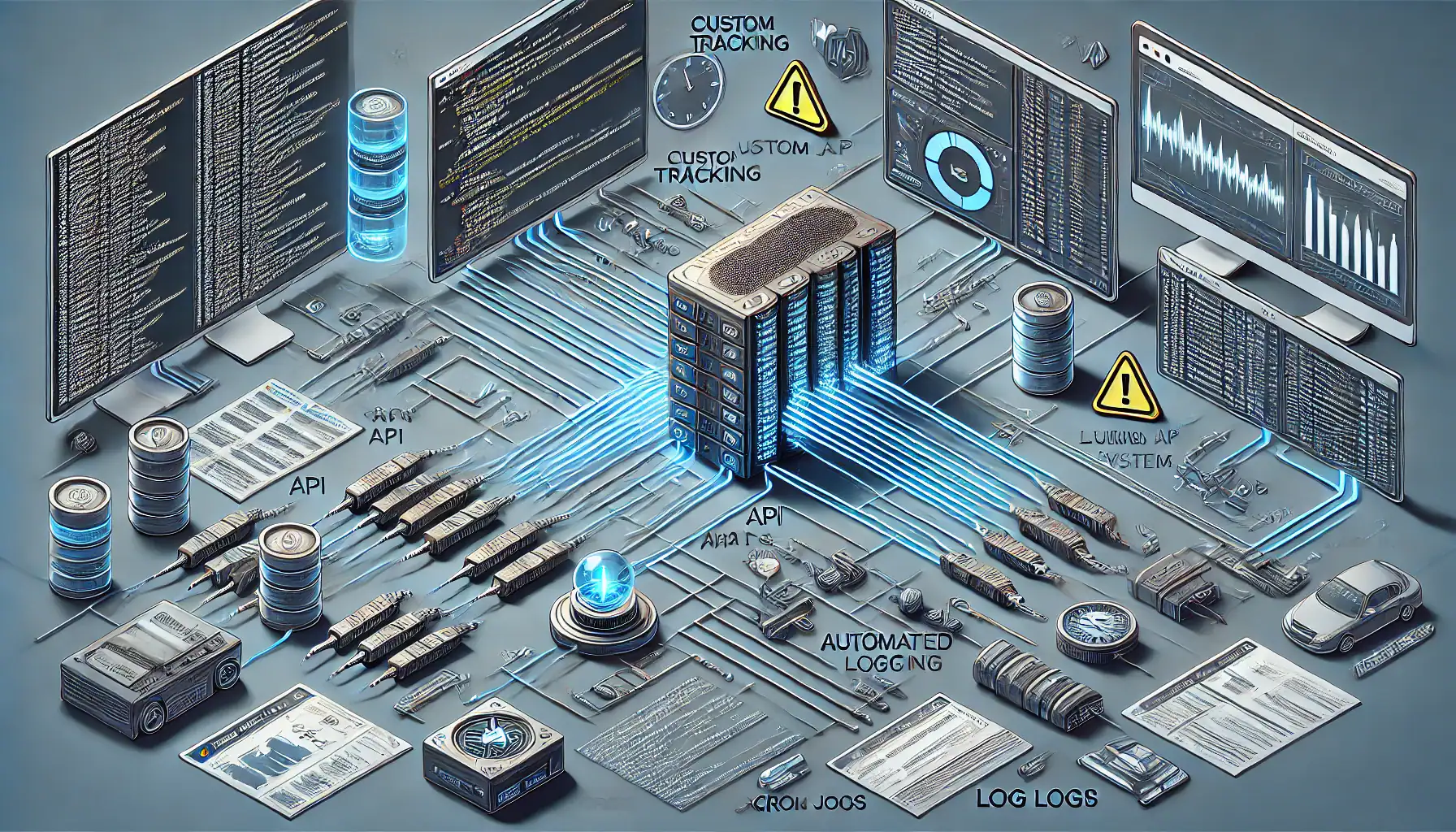 Custom Logging System for Plumber API and Shiny Applications A futuristic dashboard showing a central server connected to multiple API endpoints. Lines representing data flow between endpoints show user actions and responses, with real-time monitoring screens and storage for log files. On the left, warning icons indicate error tracking, while on the right, a clock symbolizes automated log management. The background has code snippets and data logs, creating a technical, blue-toned atmosphere that reflects system performance monitoring and troubleshooting.