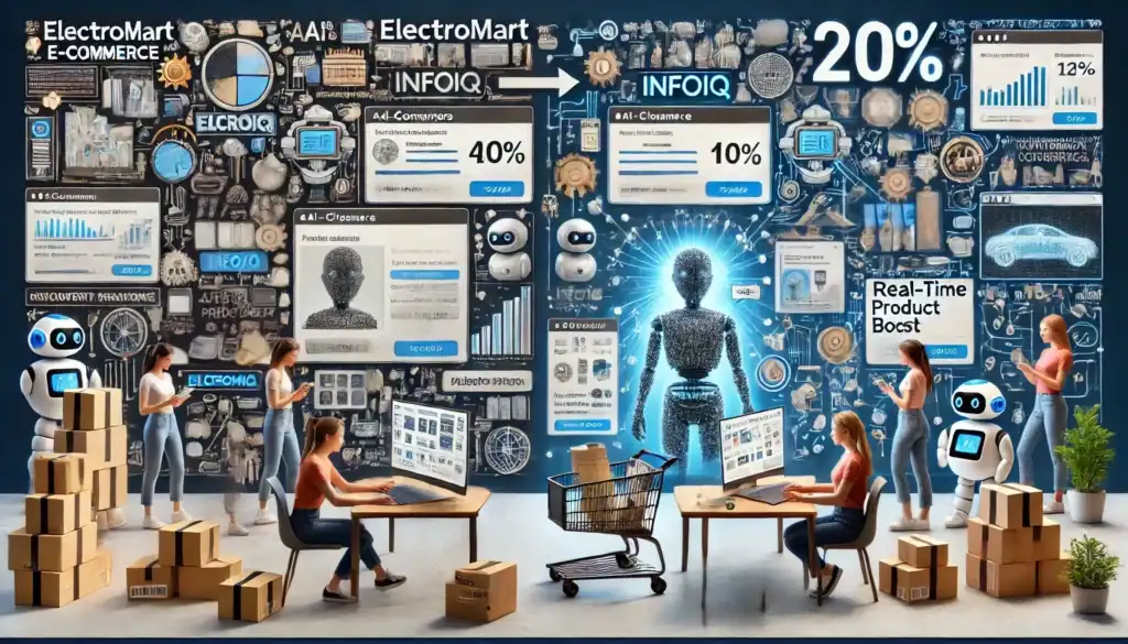 The image shows a split scene illustrating ElectroMart's transformation after implementing AI technology. On the left, a cluttered and chaotic e-commerce website is depicted with frustrated customers overwhelmed by excessive product information. The right side contrasts this with a sleek, modern website powered by InfoIQ, featuring a friendly AI chatbot assisting customers. Happy users are shown easily navigating the site and completing purchases, highlighting an improved customer experience. The scene emphasizes the shift from a frustrating shopping experience to a streamlined, efficient one.