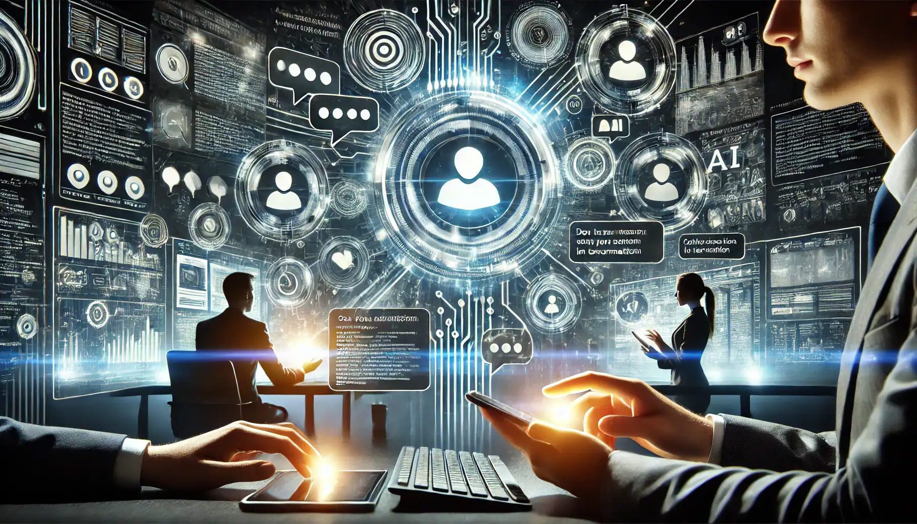 A modern website interface powered by InfoIQ, a conversational AI, featuring multiple glowing chat bubbles and sleek, futuristic design elements. Users interact seamlessly with the content via chat bubbles, displayed prominently on a tablet and computer screen. The background shows abstract AI visuals with glowing circuits, data streams, and interconnected databases, symbolizing advanced technology. The atmosphere emphasizes innovation, efficiency, and smooth digital interaction without any text or letters, showcasing the impact of AI in transforming content access and user engagement.