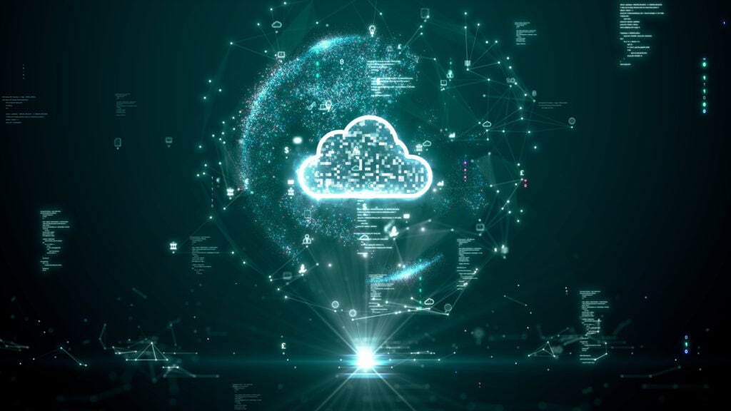 ProCogia helped T-Mobile to migrate an on-prem Oracle Database to Snowflake Cloud or edge computing technology concept that supports the storage of large databases from around the world. Data security system.polygons white cloud icon on dark green background.