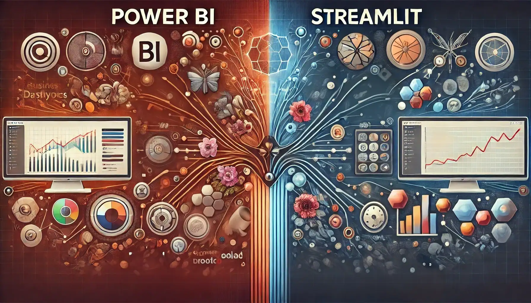 Abstract visual comparison between Power BI and Streamlit for data analysis. The left side represents Power BI with sleek, polished design elements symbolizing professional business dashboards and seamless integration with Microsoft products. The right side symbolizes Streamlit, showcasing flexible, code-driven interfaces and real-time data interaction. Both sides are connected by an abstract graph, representing the complementary roles of the tools. The background features subtle technological elements like data streams and nodes, emphasizing efficiency, innovation, and the balance between streamlined visuals and customizable coding environments.