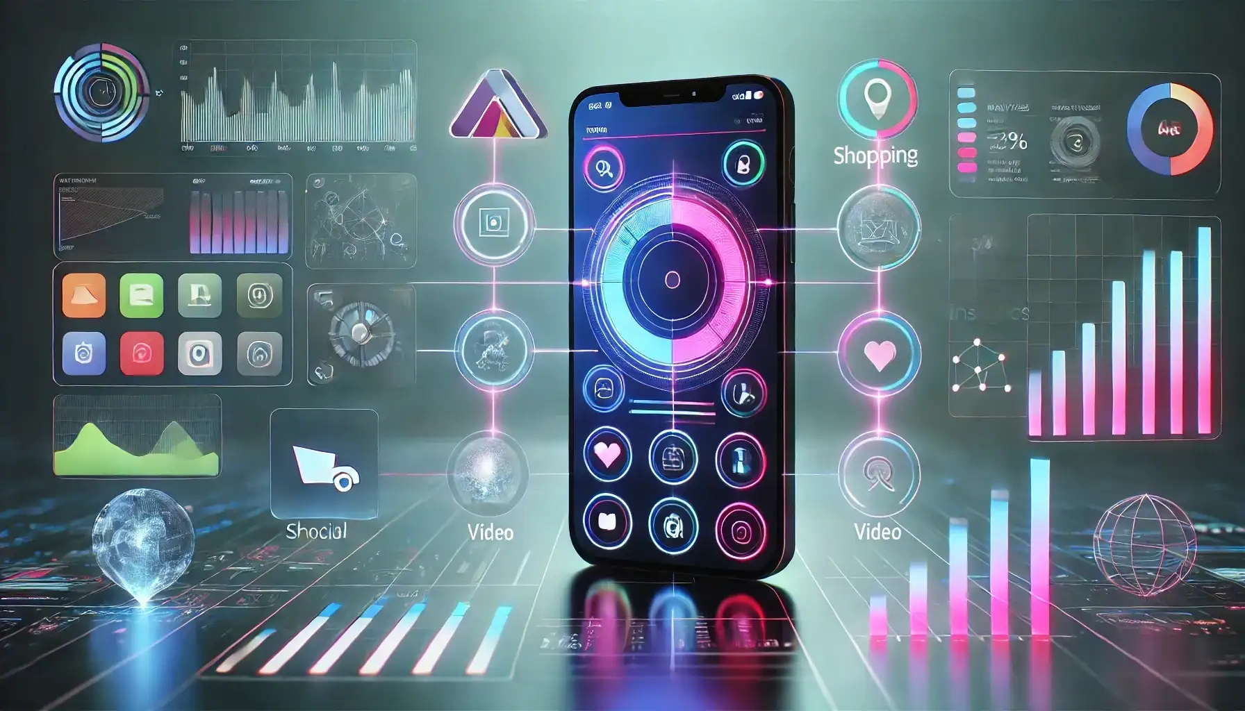 A futuristic smartphone interface showcasing a consolidated app that simplifies the customer experience by merging messaging, shopping, video, social media, and analytics functions into one intuitive platform. The minimalist design, with cohesive color schemes and icon-only navigation, emphasizes ease of use. Neon overlay charts in the background subtly represent integrated data analytics, reinforcing a streamlined, unified digital experience within a single app