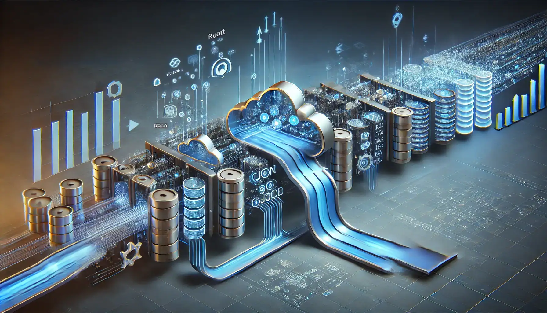 Transforming Data in Azure Data Factory Pipelines. The image shows a futuristic data transformation pipeline in a cloud environment, symbolizing the Azure Data Factory process. On the left side, raw data formats such as CSV, JSON, and XML are visualized. These data elements travel through a series of connected blocks, representing the transformation stages. As the data progresses, it shifts in form from 'bronze' (raw) to 'silver' (structured), and finally to 'gold' (aggregated) on the right side. The final 'gold' data is represented as stored in a clean, cloud-based storage system. The design has a modern, technical feel, with blue, silver, and gold tones.