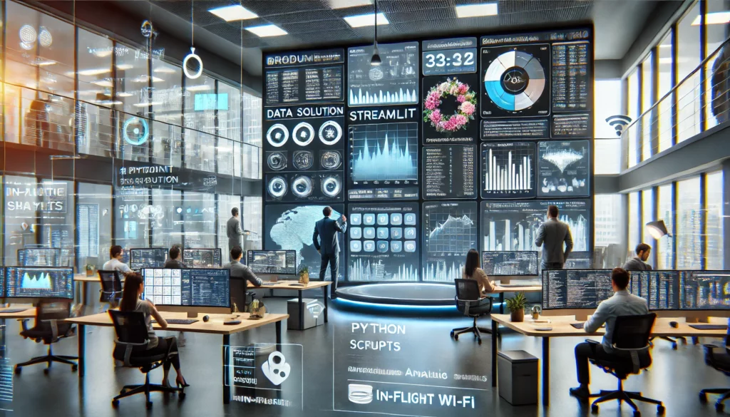 A telecom office with Product Managers analyzing a Streamlit app displayed on a large interactive monitor. The app interface on the screen includes charts, dropdowns, and timelines related to real-time data analysis of in-flight Wi-Fi. Data analysts in the background work on coding tasks, surrounded by high-tech decor and a bright, open workspace, emphasizing a collaborative and innovative environment.