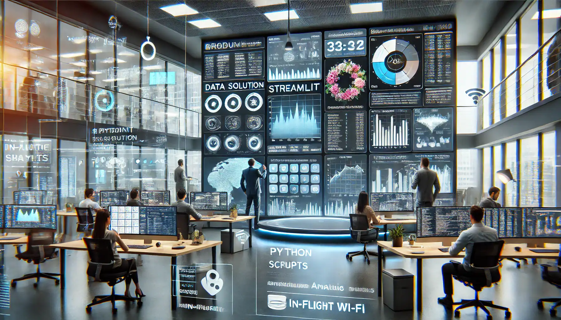 A telecom office with Product Managers analyzing a Streamlit app displayed on a large interactive monitor. The app interface on the screen includes charts, dropdowns, and timelines related to real-time data analysis of in-flight Wi-Fi. Data analysts in the background work on coding tasks, surrounded by high-tech decor and a bright, open workspace, emphasizing a collaborative and innovative environment.