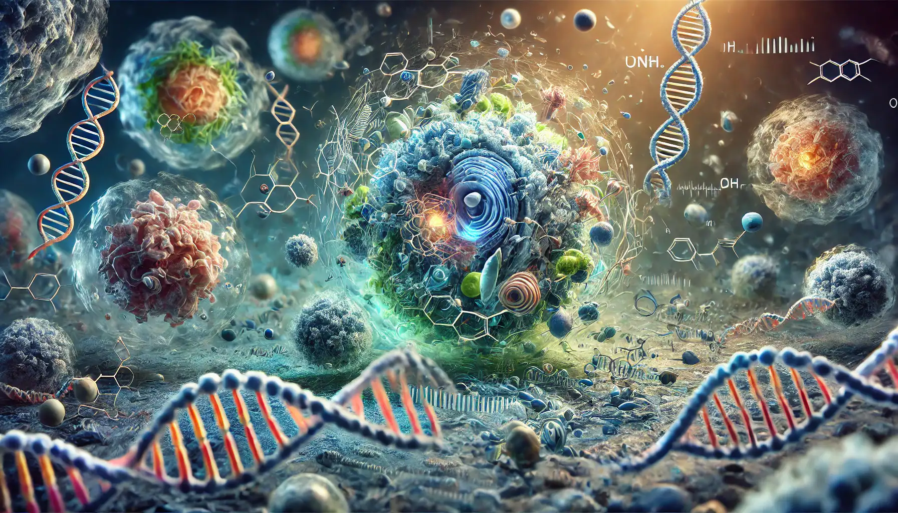 Illustration of proteins as molecular machines within a cell, showing proteins actively building and transforming cellular structures with RNA sequences moving toward them, symbolizing gene transcription. Background elements include representations of cancer and immune cells, indicating a complex cellular environment. The scene uses vibrant blues and greens for cellular structures and warm tones to emphasize active proteins, with soft lighting adding depth to the image.